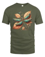 Elegant Dragonfly Leaf Art Tee Nature Inspired Graphic T Shirt - military green t-shirt on white background