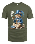 Gentleman Cat Smoking Pipe Art Tee Funny Vintage Graphic T Shirt - military green t-shirt on white background