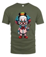 Creepy Clown Character Art Tee Funny Horror Graphic T Shirt - military green t-shirt on white background