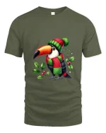 Cute Winter Toucan Art Tee Funny Holiday Animal Graphic T Shirt - military green t-shirt on white background