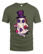 Cute Patchwork Ghost Art Tee Funny Spooky Cartoon Graphic T Shirt - military green t-shirt on white background