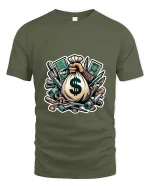 Money Bag Hustle Art Tee Funny Cash Graphic T Shirt Style - military green t-shirt on white background