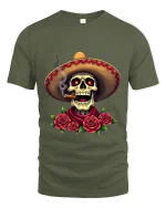 Smoking Skull Sombrero Art Tee Day Of The Dead Graphic T Shirt - military green t-shirt on white background