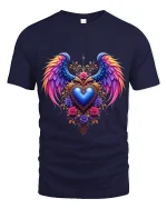 Angel Wings Heart Art Tee Spiritual Love Graphic T Shirt - navy t-shirt on white background