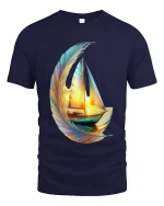 Dreamy Feather Sailboat Art Tee Colorful Ocean Graphic T Shirt - navy t-shirt on white background