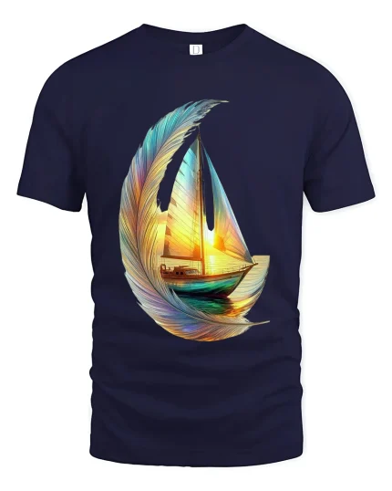 Dreamy Feather Sailboat Art Tee Colorful Ocean Graphic T Shirt - navy t-shirt on white background