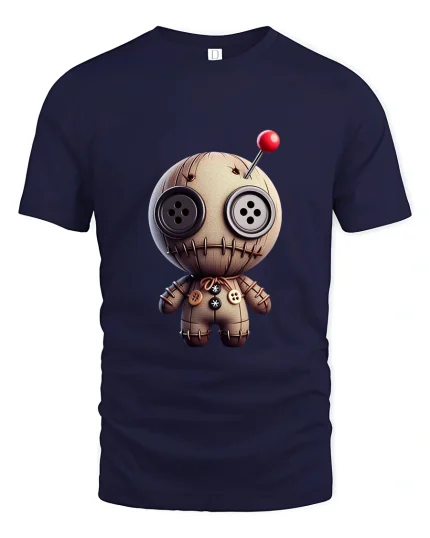 Cute Voodoo Doll Art Tee Funny Spooky Cartoon Graphic T Shirt - navy t-shirt on white background