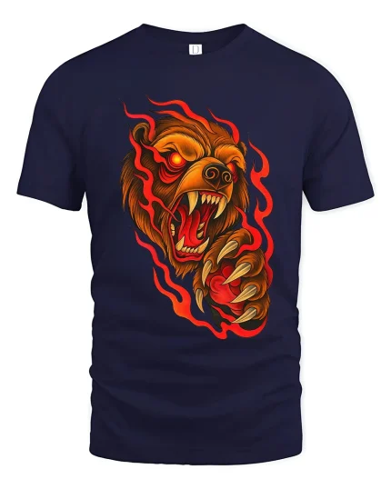 Raging Fire Bear Art Tee Fierce Animal Graphic T Shirt - navy t-shirt on white background