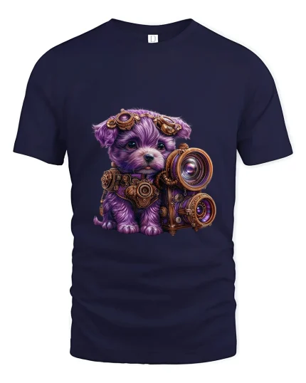 Cute Steampunk Puppy Photographer Art Tee Funny Graphic T Shirt - navy t-shirt on white background
