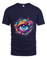 Colorful Music Eye Art Tee Psychedelic Creative Graphic T Shirt - navy t-shirt on white background