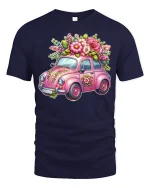 Cute Floral Vintage Car Art Tee Pink Flower Graphic T Shirt - navy t-shirt on white background