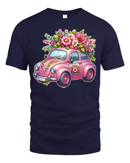 Cute Floral Vintage Car Art Tee Pink Flower Graphic T Shirt - navy t-shirt on white background
