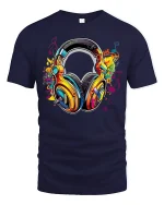 Colorful Music Headphones Art Tee Vibrant Sound Graphic T Shirt - navy t-shirt on white background