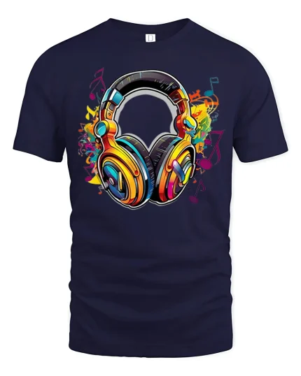 Colorful Music Headphones Art Tee Vibrant Sound Graphic T Shirt - navy t-shirt on white background