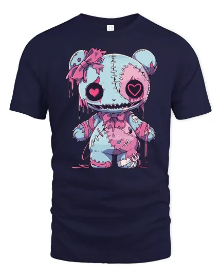 Cute Creepy Stitched Bear Art Tee Kawaii Gothic Graphic T Shirt - navy t-shirt on white background