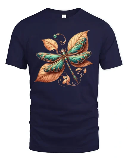 Elegant Dragonfly Leaf Art Tee Nature Inspired Graphic T Shirt - navy t-shirt on white background
