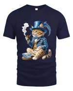 Gentleman Cat Smoking Pipe Art Tee Funny Vintage Graphic T Shirt - navy t-shirt on white background