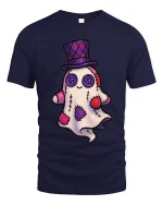 Cute Patchwork Ghost Art Tee Funny Spooky Cartoon Graphic T Shirt - navy t-shirt on white background