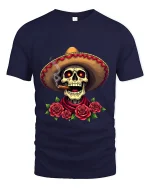 Smoking Skull Sombrero Art Tee Day Of The Dead Graphic T Shirt - navy t-shirt on white background
