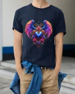 Angel Wings Heart Art Tee Spiritual Love Graphic T Shirt - model wearing navy tee with hands in pockets