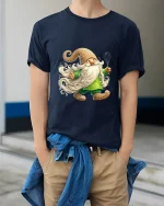 Cute Baking Gnome Art Tee Funny Kitchen Character Graphic T Shirt - model wearing navy tee with hands in pockets