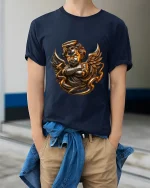 Golden Angel Cherub Art Tee Divine Fantasy Graphic T Shirt - model wearing navy tee with hands in pockets