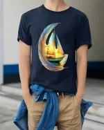 Dreamy Feather Sailboat Art Tee Colorful Ocean Graphic T Shirt - model wearing navy tee with hands in pockets