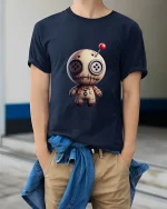Cute Voodoo Doll Art Tee Funny Spooky Cartoon Graphic T Shirt - model wearing navy tee with hands in pockets