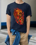 Raging Fire Bear Art Tee Fierce Animal Graphic T Shirt - model wearing navy tee with hands in pockets