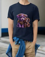 Cute Steampunk Puppy Photographer Art Tee Funny Graphic T Shirt - model wearing navy tee with hands in pockets