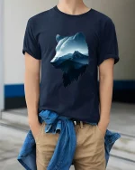 Majestic Wolf Mountain Art Tee Nature Wildlife Graphic T Shirt - model wearing navy tee with hands in pockets