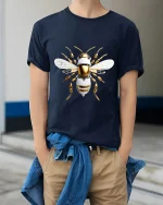 Futuristic Robotic Bee Art Tee Tech Insect Graphic T Shirt - model wearing navy tee with hands in pockets