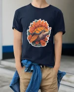 Floral Turtle Art Tee Cute Nature Animal Graphic T Shirt - model wearing navy tee with hands in pockets