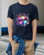 Colorful Music Instruments Art Tee Vibrant Sound Graphic T Shirt - model wearing navy tee with hands in pockets
