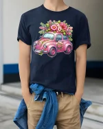 Cute Floral Vintage Car Art Tee Pink Flower Graphic T Shirt - model wearing navy tee with hands in pockets