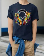 Colorful Music Headphones Art Tee Vibrant Sound Graphic T Shirt - model wearing navy tee with hands in pockets