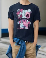 Cute Creepy Stitched Bear Art Tee Kawaii Gothic Graphic T Shirt - model wearing navy tee with hands in pockets