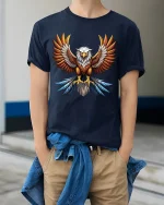 Powerful Eagle Wings Art Tee Majestic Bird Graphic T Shirt - model wearing navy tee with hands in pockets