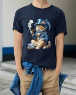 Gentleman Cat Smoking Pipe Art Tee Funny Vintage Graphic T Shirt - model wearing navy tee with hands in pockets