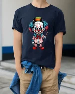 Creepy Clown Character Art Tee Funny Horror Graphic T Shirt - model wearing navy tee with hands in pockets