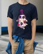 Cute Patchwork Ghost Art Tee Funny Spooky Cartoon Graphic T Shirt - model wearing navy tee with hands in pockets