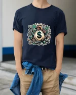 Money Bag Hustle Art Tee Funny Cash Graphic T Shirt Style - model wearing navy tee with hands in pockets