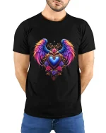 Angel Wings Heart Art Tee Spiritual Love Graphic T Shirt - model wearing black tee with hands behind back