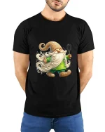 Cute Baking Gnome Art Tee Funny Kitchen Character Graphic T Shirt - model wearing black tee with hands behind back