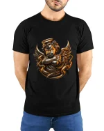 Golden Angel Cherub Art Tee Divine Fantasy Graphic T Shirt - model wearing black tee with hands behind back