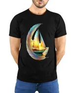 Dreamy Feather Sailboat Art Tee Colorful Ocean Graphic T Shirt - model wearing black tee with hands behind back