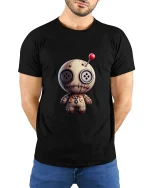 Cute Voodoo Doll Art Tee Funny Spooky Cartoon Graphic T Shirt - model wearing black tee with hands behind back