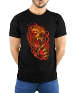 Raging Fire Bear Art Tee Fierce Animal Graphic T Shirt - model wearing black tee with hands behind back
