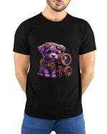 Cute Steampunk Puppy Photographer Art Tee Funny Graphic T Shirt - model wearing black tee with hands behind back