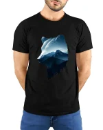 Majestic Wolf Mountain Art Tee Nature Wildlife Graphic T Shirt - model wearing black tee with hands behind back